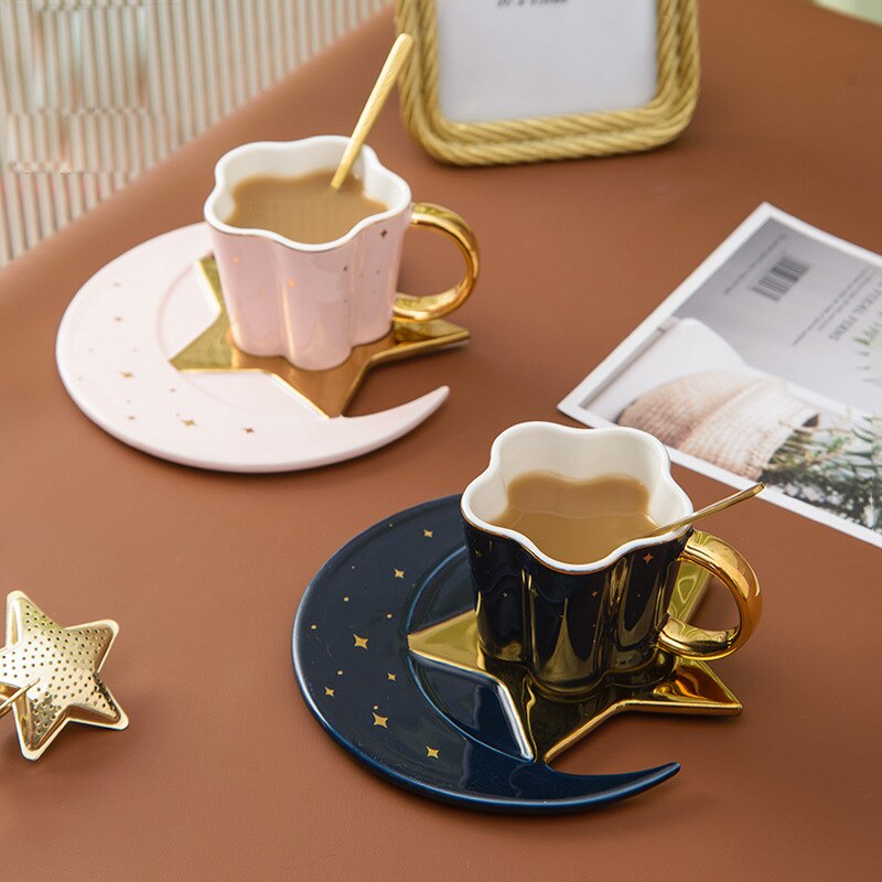 Ceramic Star and Moon Coffee Cup And Saucer w/ Spoon