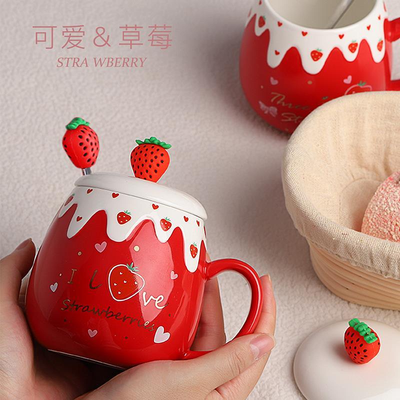 Ceramic Strawberry Coffee Mug w/ Lid and Spoon