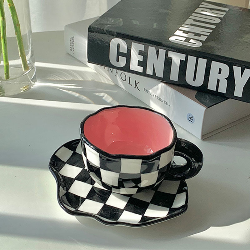 Hand Painted Checkerboard Coffee Cup and Saucer