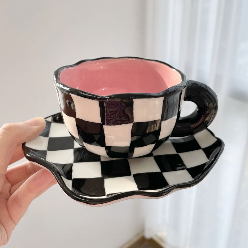 Hand Painted Checkerboard Coffee Cup and Saucer