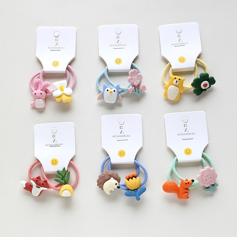 2Pcs Cute Flower and Animal Hair Ties and Clips