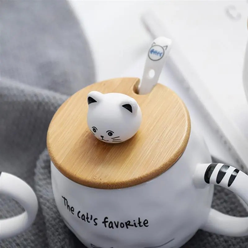 Cute Kitty and Fish Ceramic Coffee Cup w/ Wooden Lid
