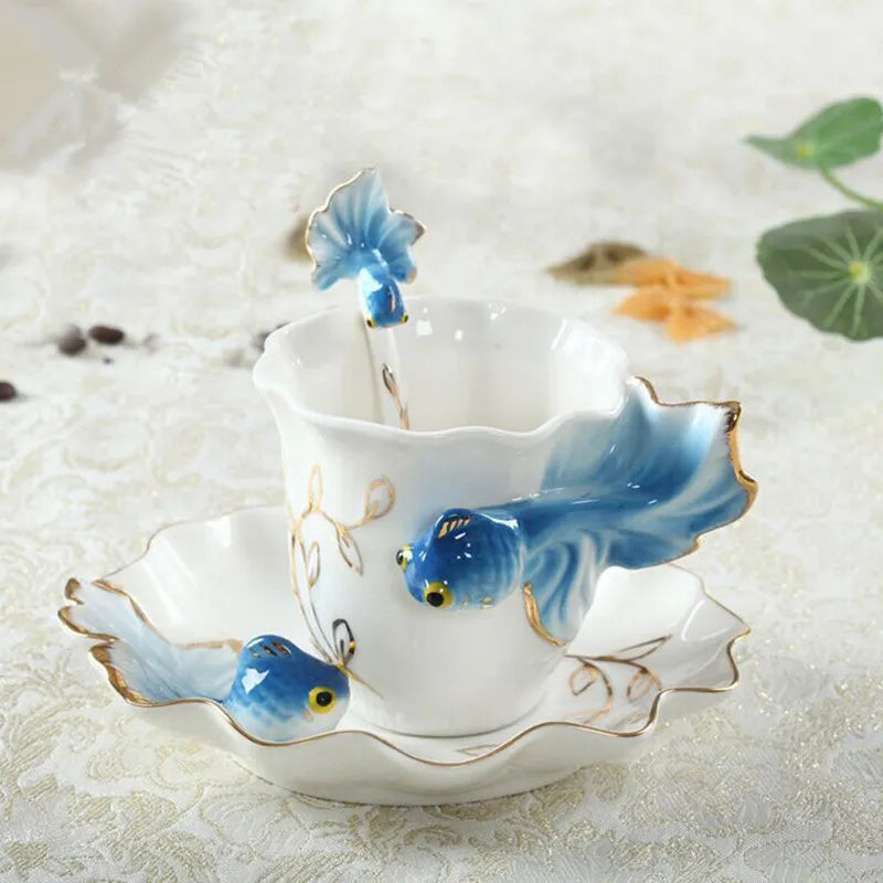 Goldfish Enamel Coffee Cup w. Saucer and Spoon