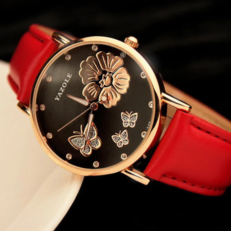 Butterflies and Flower Leather Band Watch