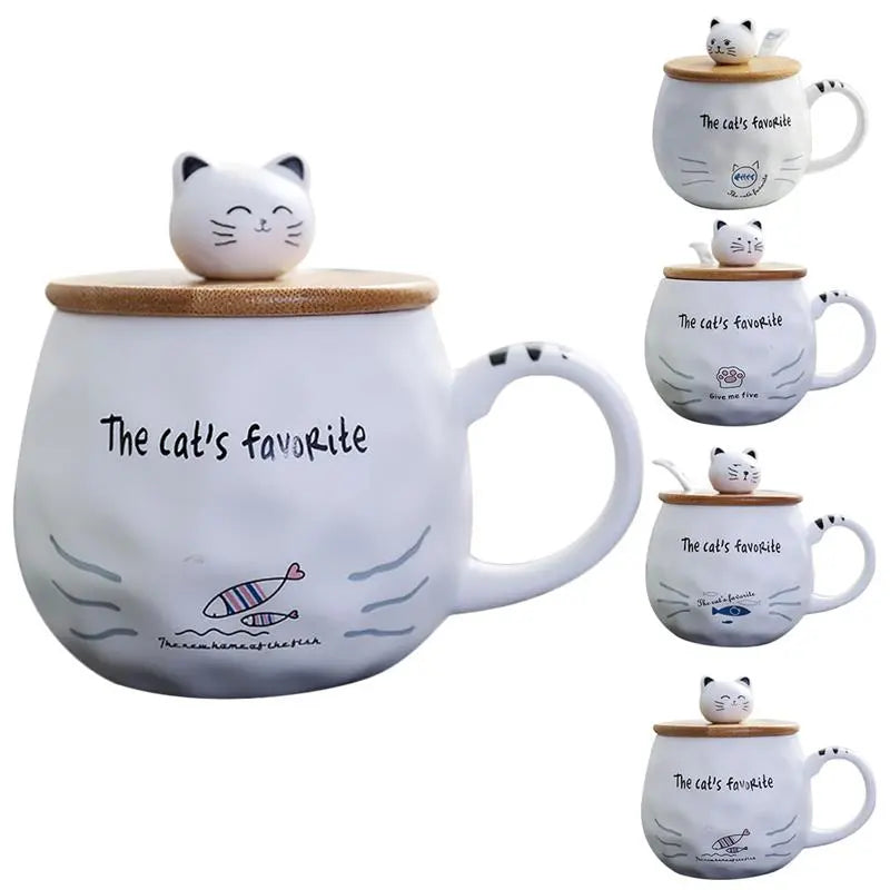 Cute Kitty and Fish Ceramic Coffee Cup w/ Wooden Lid