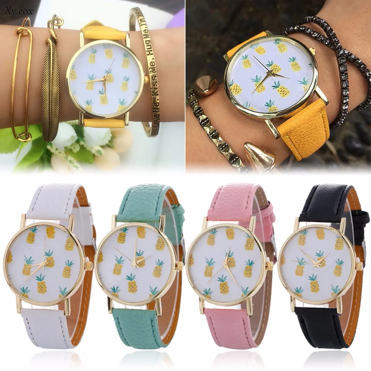 Pineapple Pattern Leather Band Watch