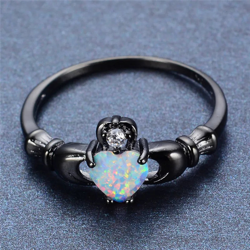 Heart Cut Rainbow Opal Claddagh Ring