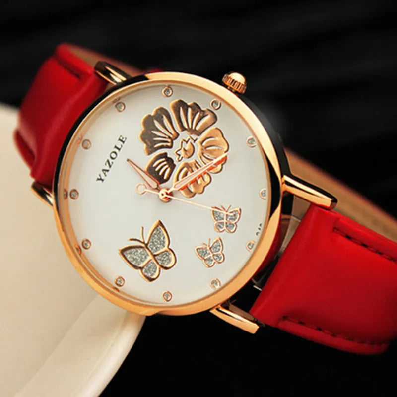 Butterflies and Flower Leather Band Watch