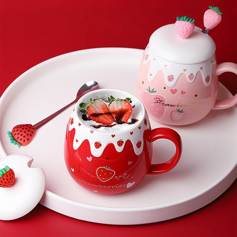 Ceramic Strawberry Coffee Mug w/ Lid and Spoon