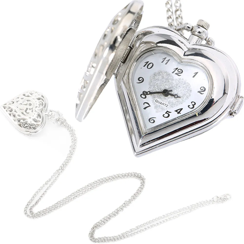 Hollow Heart Shaped Pocket Watch Necklace