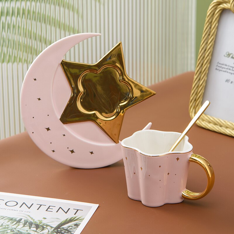 Ceramic Star and Moon Coffee Cup And Saucer w/ Spoon