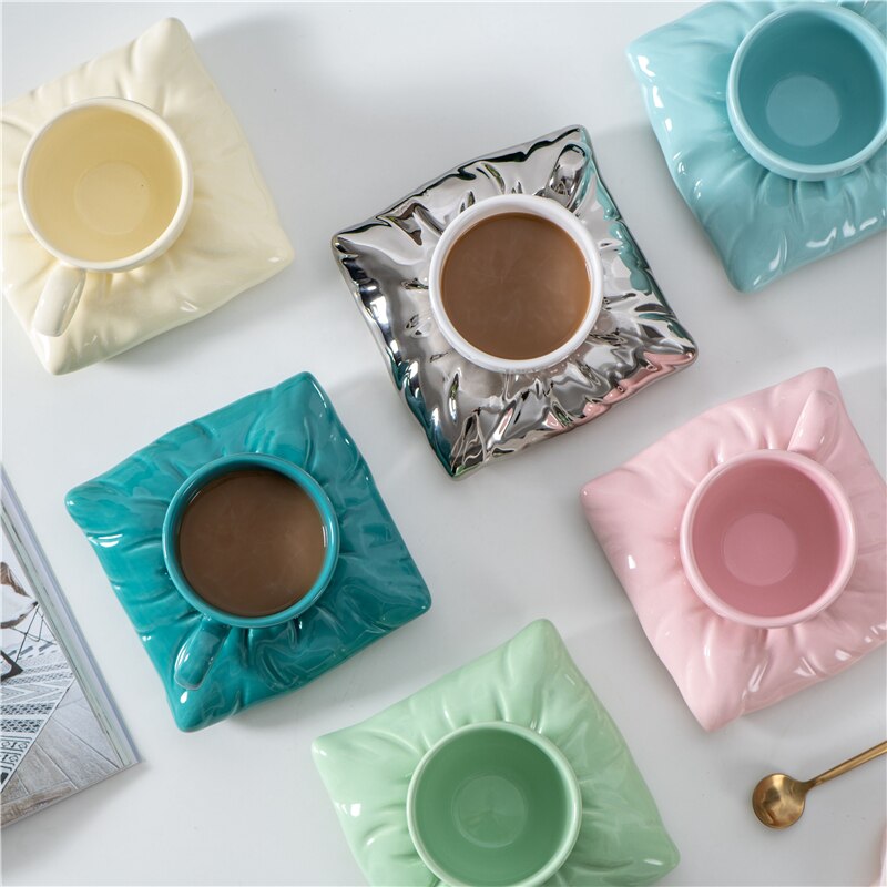 Adorable Ceramic Coffee Mugs w/ Pillow Saucer