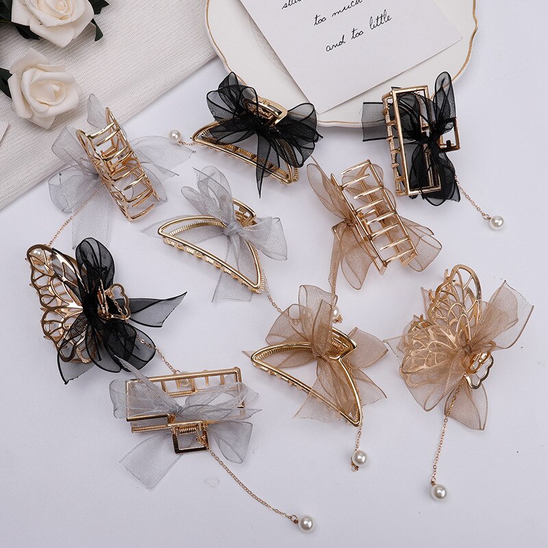 Bows and Pearls Hair Clips