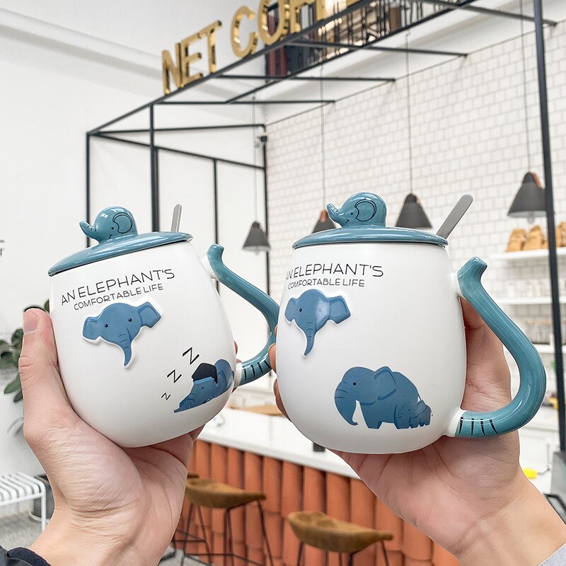 Blue Elephant Ceramic Cup with Lid and Spoon