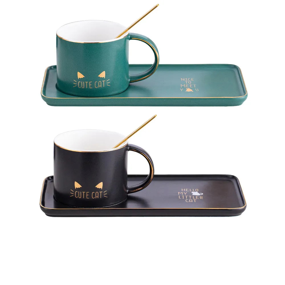 Cute Cat Ceramic Coffee Mug w/ Long Tray and Golden Spoon