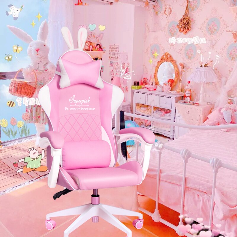 Pink Gaming Chair w/ Paw White Plush Cushion