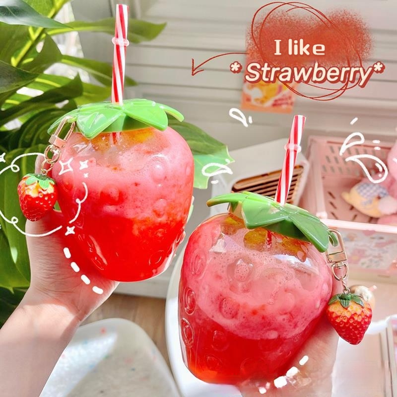 Plastic Strawberry Shaped Cups w/ Straw