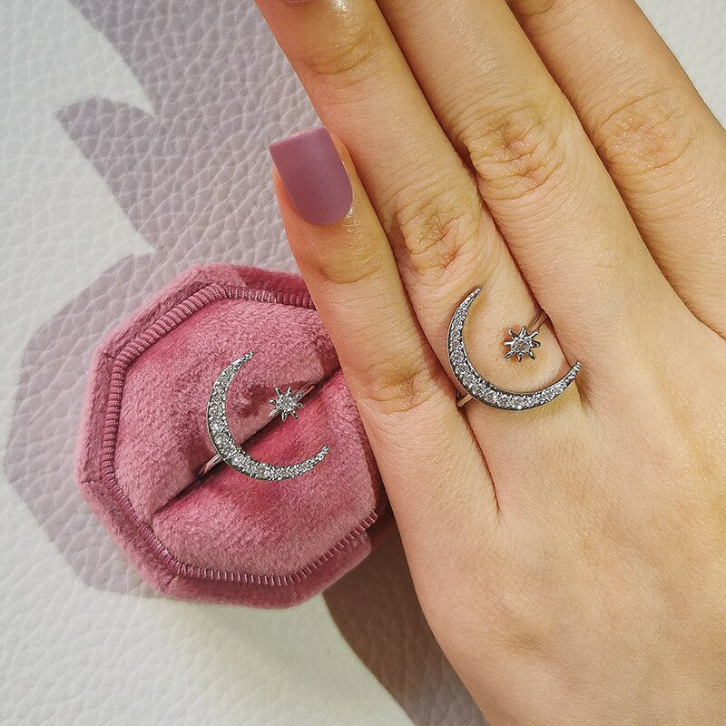 Cute Adjustable Moon and Star Ring